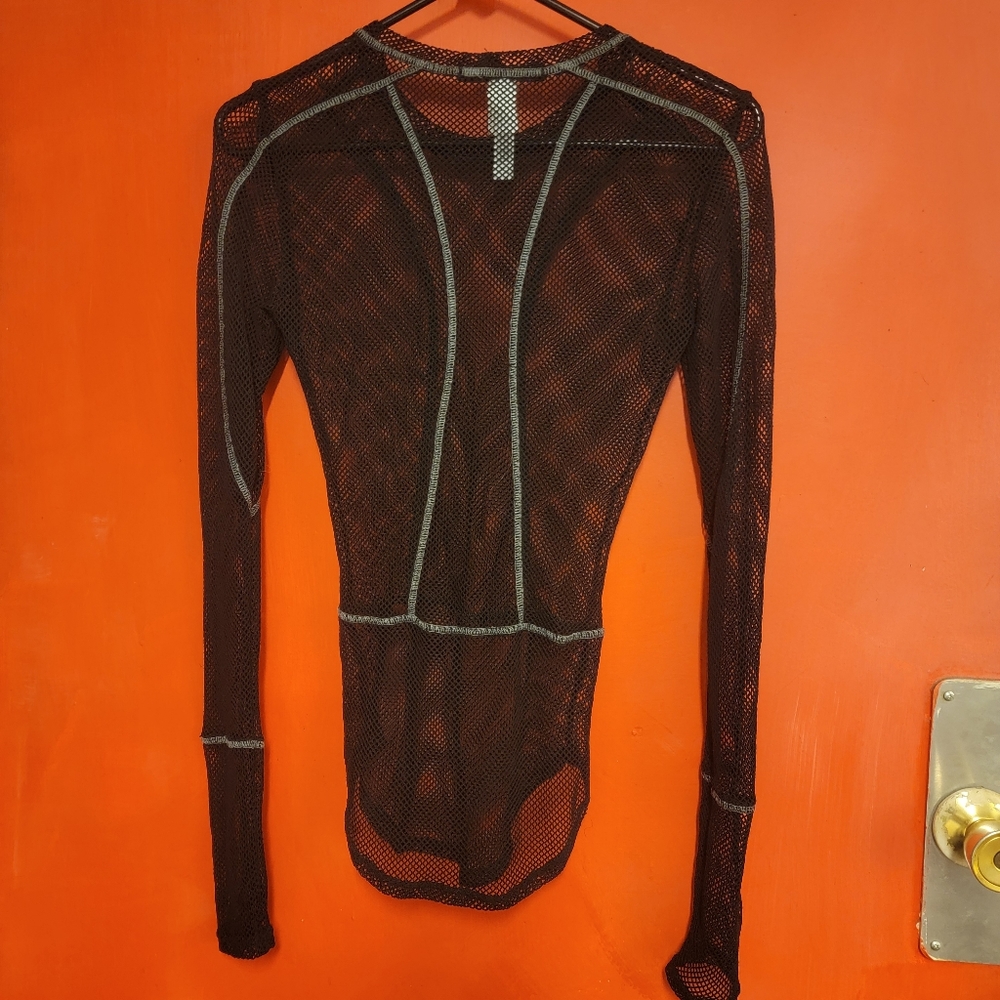 BCBG Max Azria long sleeve fishnet top with gray topstitching Size xs
